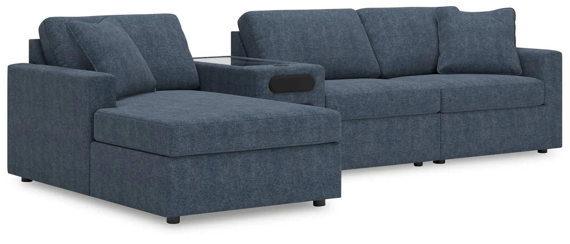 Modmax ink stationary sectional with chaise and glass-top console in blue upholstery on Tampa Home & Garden Store