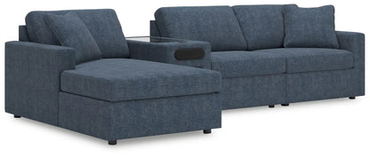 Modmax ink stationary sectional with chaise and glass-top console in blue upholstery on Tampa Home & Garden Store