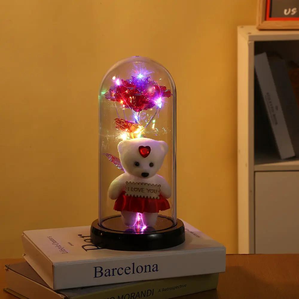 Rose bear preserved under glass dome with LED lights, white teddy in red skirt I LOVE YOU on Tampa Home & Garden Store