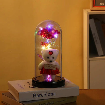 Rose bear preserved under glass dome with LED lights, white teddy in red skirt I LOVE YOU on Tampa Home & Garden Store