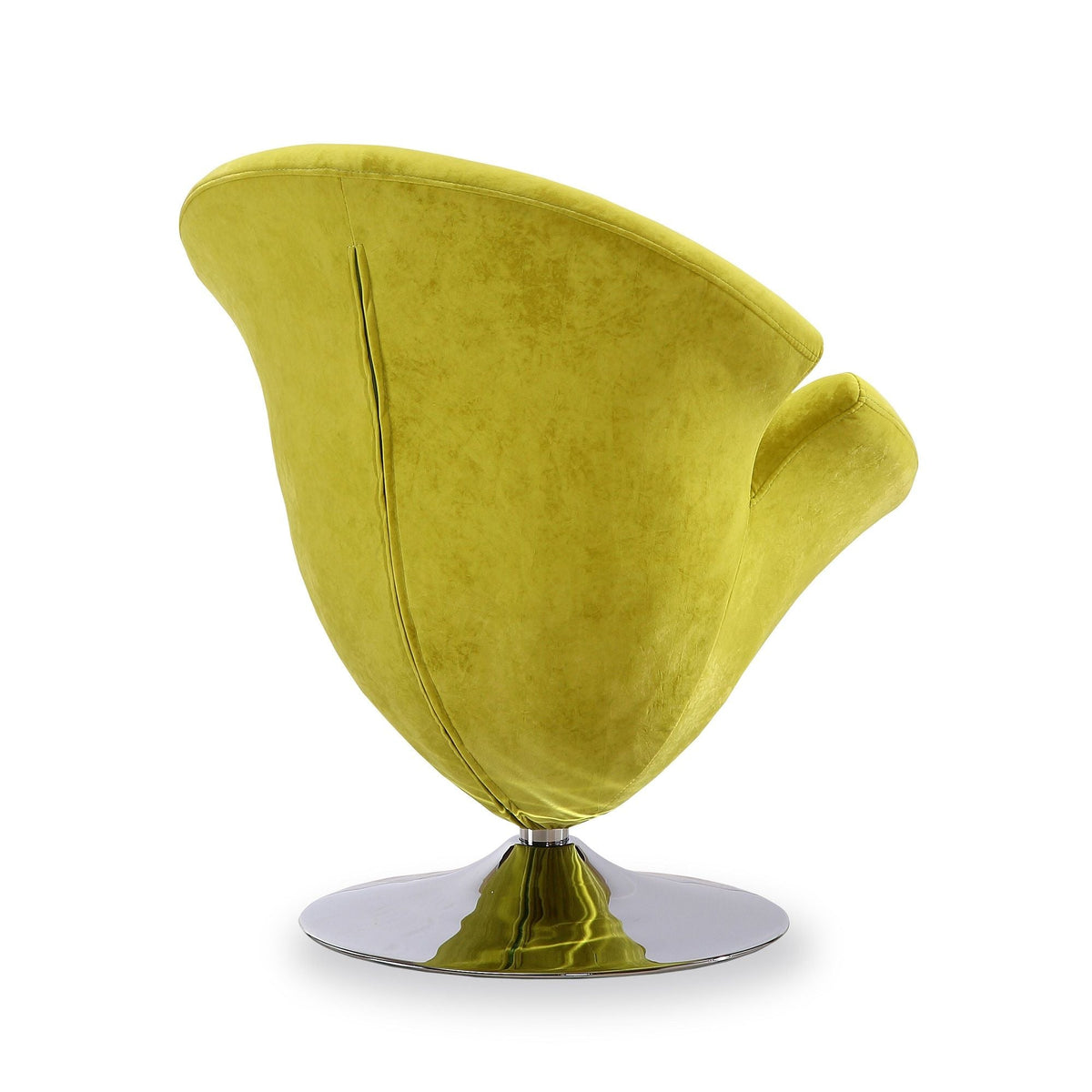 Tulip swivel lounge chair in yellow velvet upholstery with chrome pedestal base, close-up view on Tampa Home & Garden Store