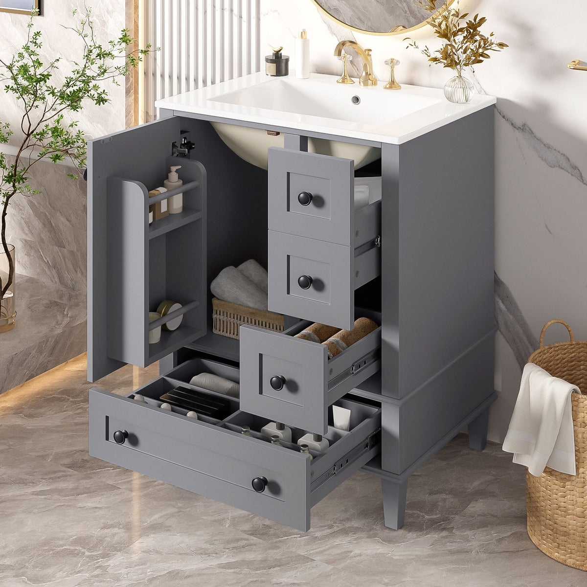 HouseOfZazla bathroom vanity with integrated basin, gray finish, soft-close drawers on Tampa Home & Garden Store