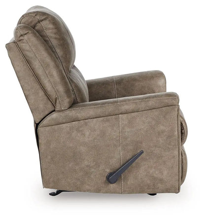 Lixtowel Rocker Recliner by Unique Piece Furniture in brown distressed leather with side lever on Tampa Home & Garden Store