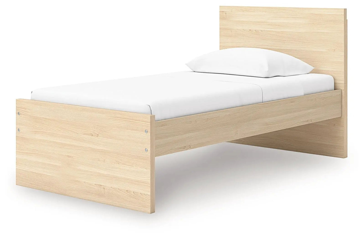 Onita panel platform bed in light oak finish with tall headboard on Tampa Home & Garden Store