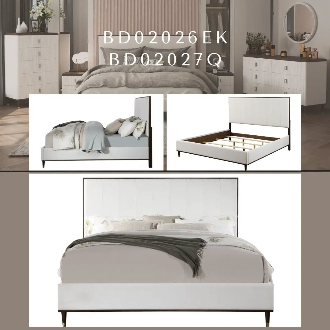 Carena Comfort Bed by Unique Piece Furniture, white/gray upholstered bed with dark wood legs on Tampa Home & Garden Store