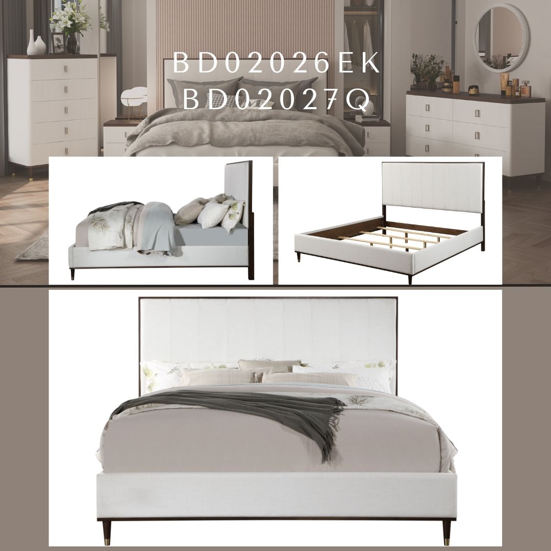 Carena Comfort Bed white upholstered bed with tall headboard in three-view collage on Tampa Home & Garden Store