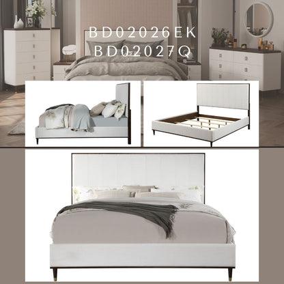 Carena Comfort Bed white upholstered bed with tall headboard in three-view collage on Tampa Home & Garden Store