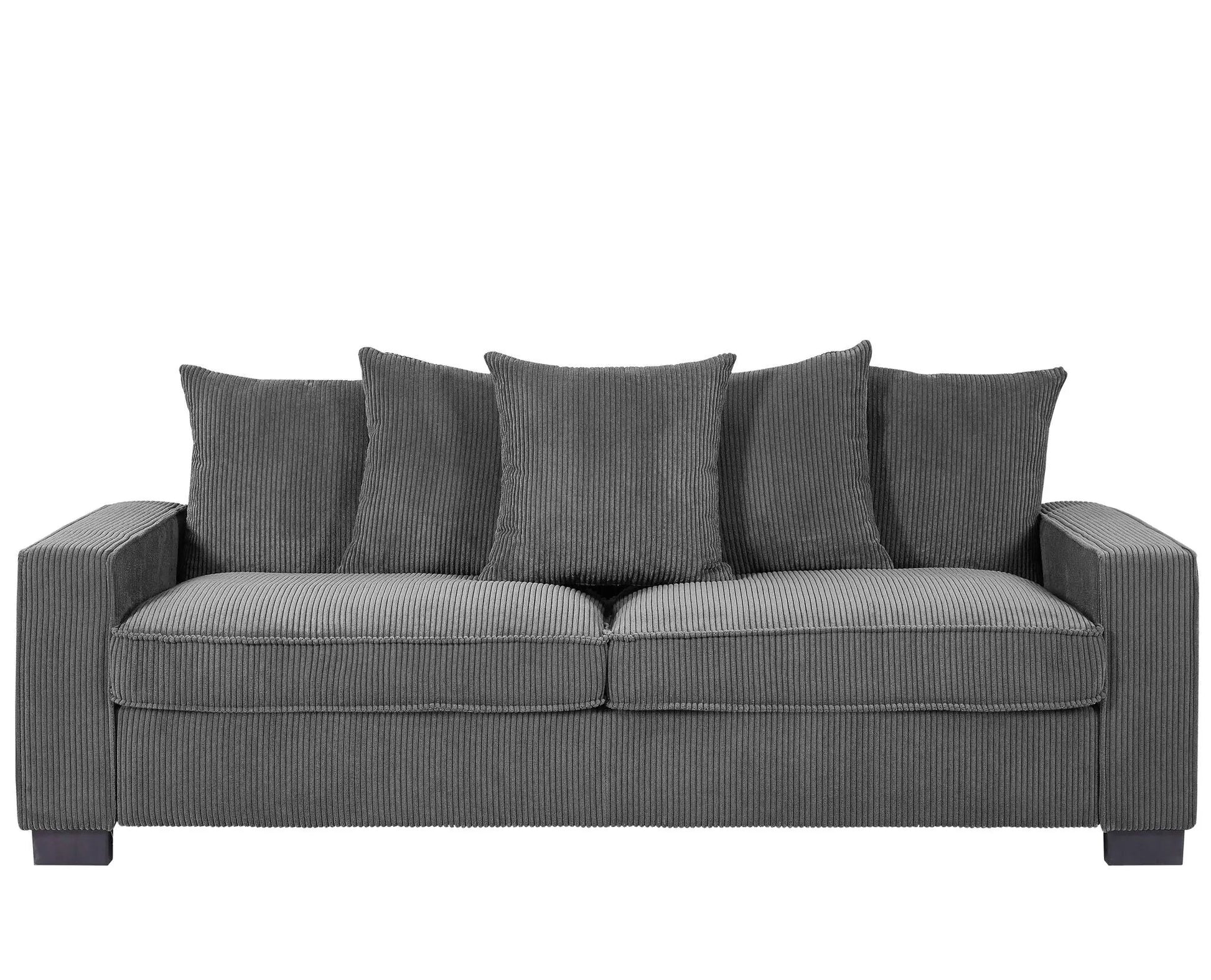 Luxe 3-seater sofa with 5 matching toss pillows in dark gray corduroy, sleek and spacious on Tampa Home & Garden Store