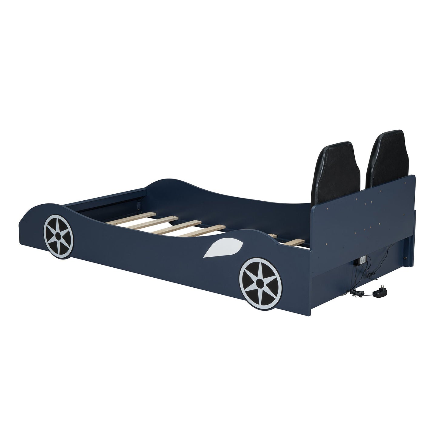 Race car shaped platform bed frame in navy blue with wheel graphics and upholstered backrests on Tampa Home & Garden Store