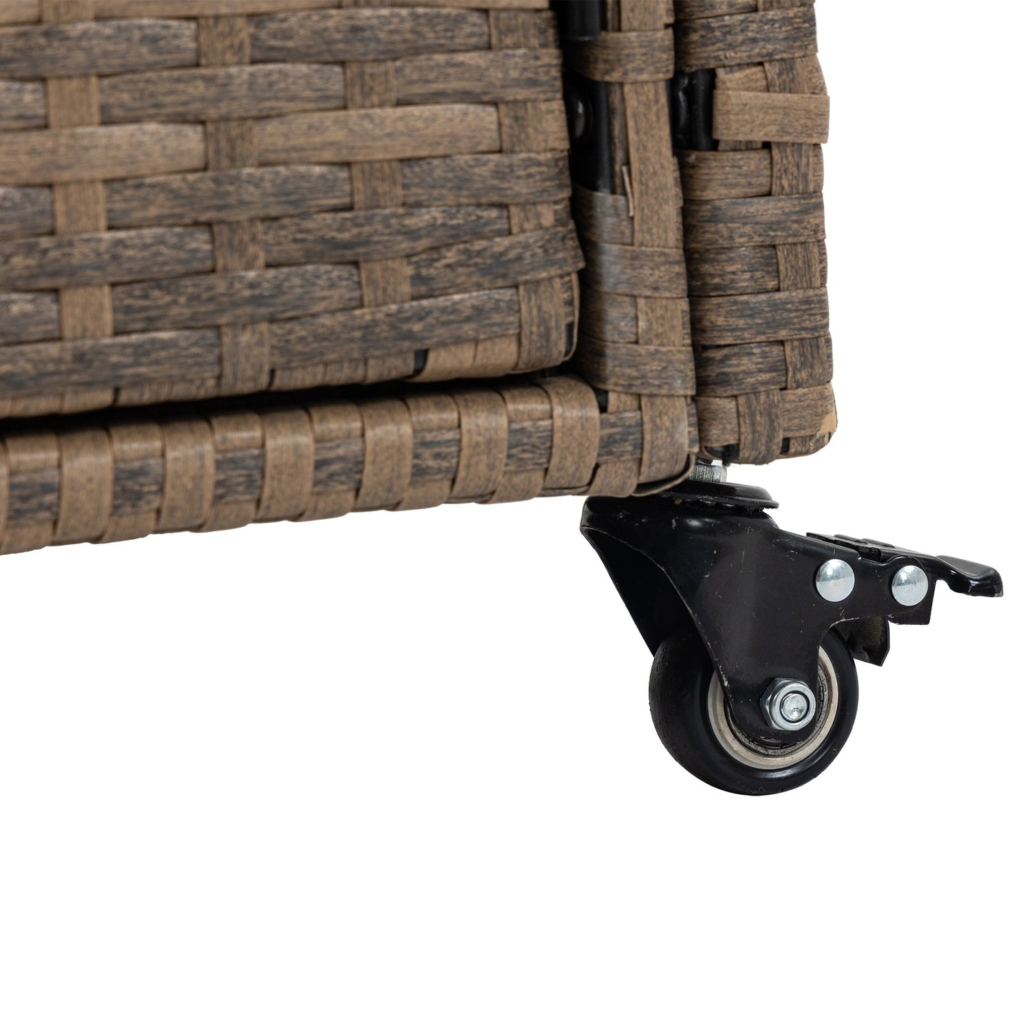 Outdoor wicker bar cart close-up showing brown woven texture and caster wheel on Tampa Home & Garden Store