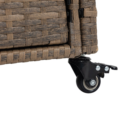 Outdoor wicker bar cart close-up showing brown woven texture and caster wheel on Tampa Home & Garden Store