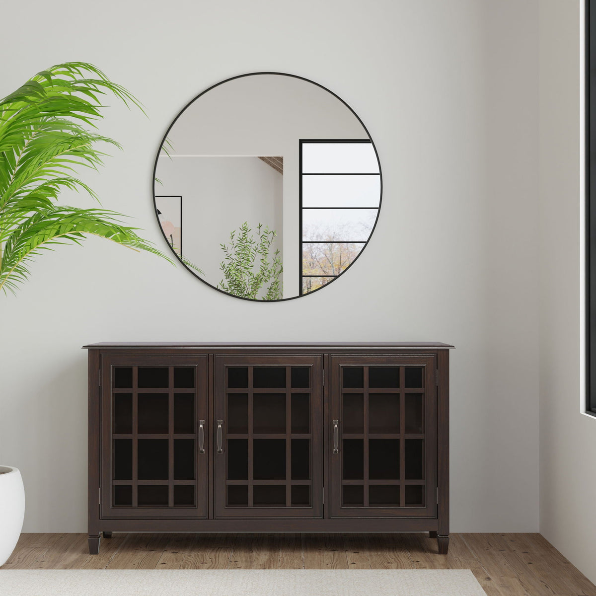 Traditional buffet cabinet in dark brown wood with glass-panel doors and grid fronts on Tampa Home & Garden Store