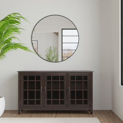 Traditional buffet cabinet in dark brown wood with glass-panel doors and grid fronts on Tampa Home & Garden Store