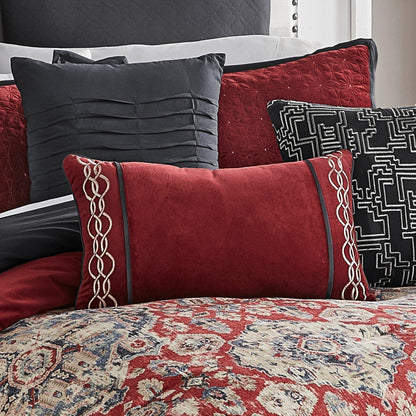 Sadler 9-Pc Burgundy & Blue Medallion Comforter Ensemble on bed with burgundy pillows on Tampa Home & Garden Store