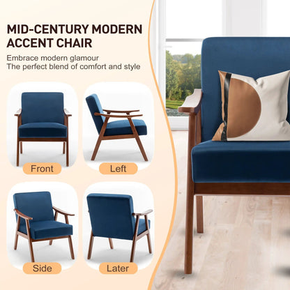 Four blue mid-century modern accent chairs with solid wood frames on Tampa Home & Garden Store