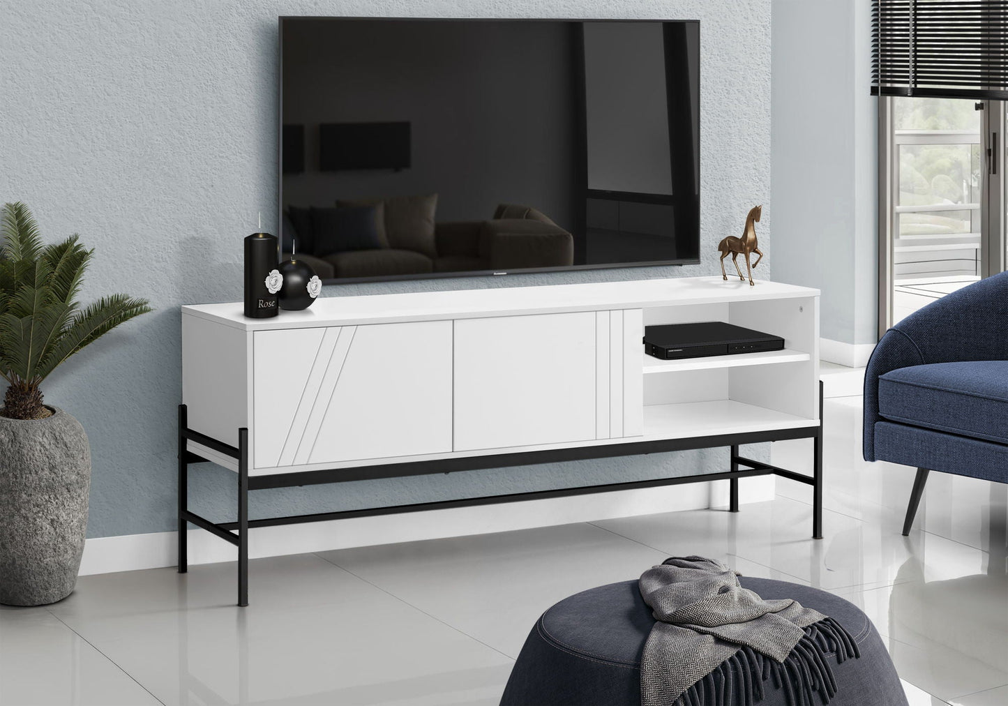 Contemporary 60-Inch TV Stand by HouseOfZazla with white doors black metal frame open shelf on Tampa Home & Garden Store
