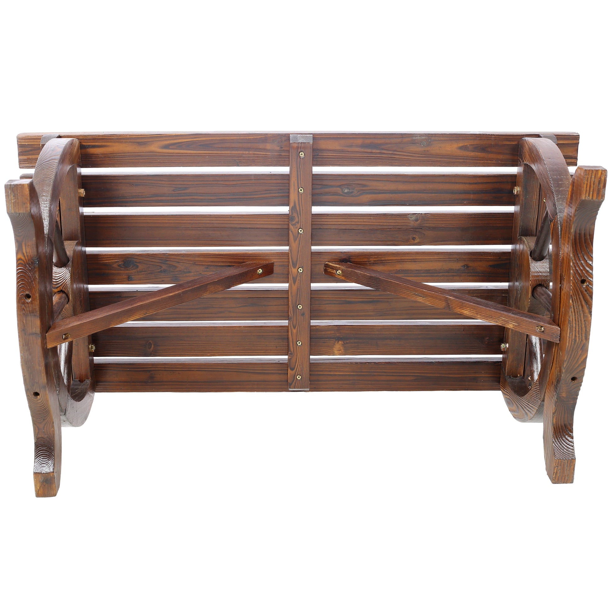 Outdoor rustic wooden bench with wagon wheel legs, dark brown wood by HouseOfZazla on Tampa Home & Garden Store