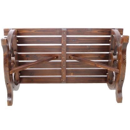 Outdoor rustic wooden bench with wagon wheel legs, dark brown wood by HouseOfZazla on Tampa Home & Garden Store