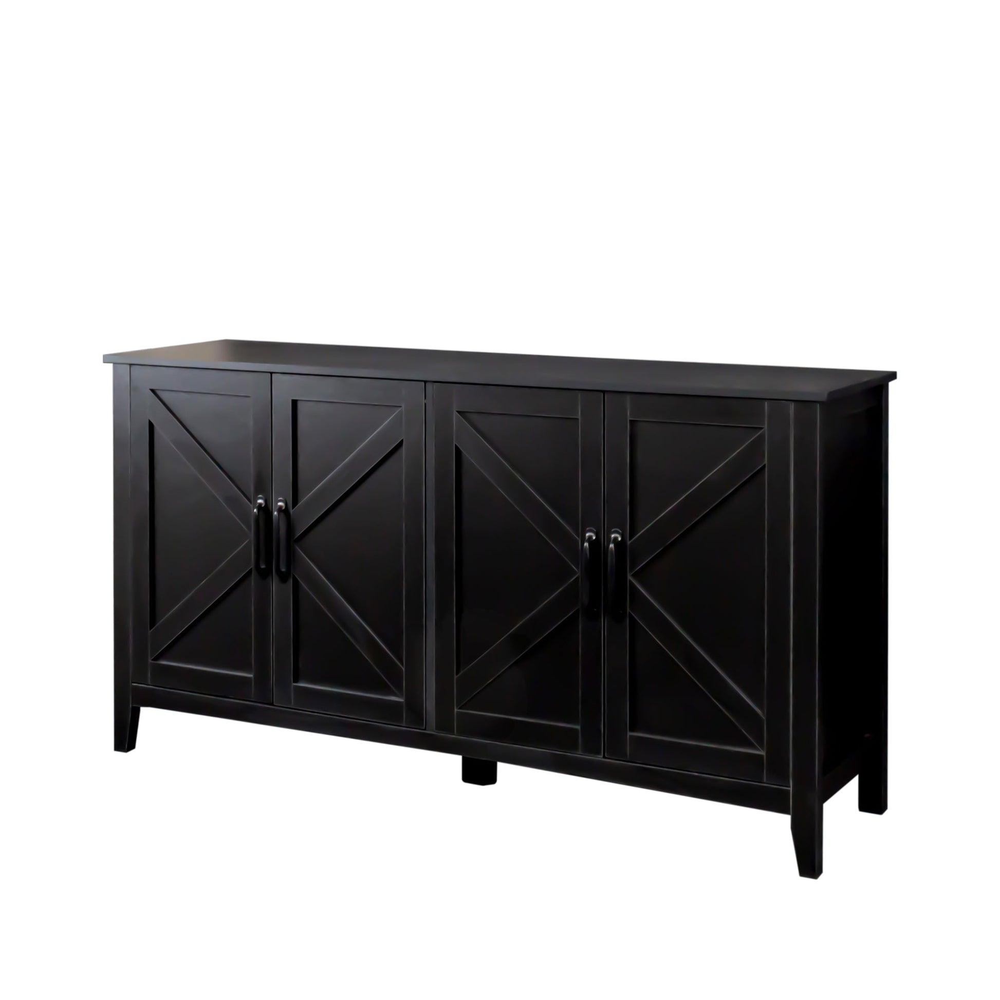 Black freestanding cabinet with four doors and X-panel fronts, metal hardware on Tampa Home & Garden Store