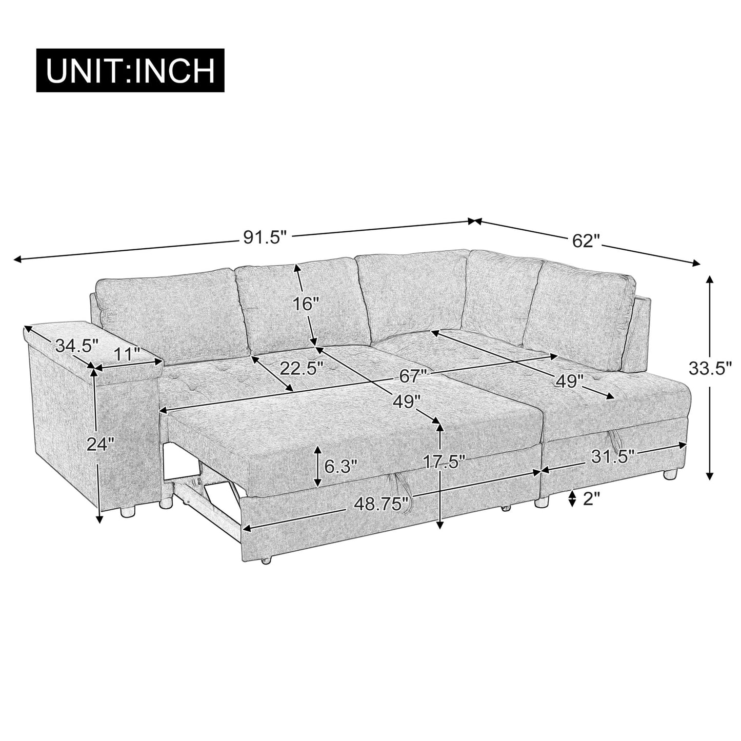 L Shape Sectional with Pull Out Bed and Storage