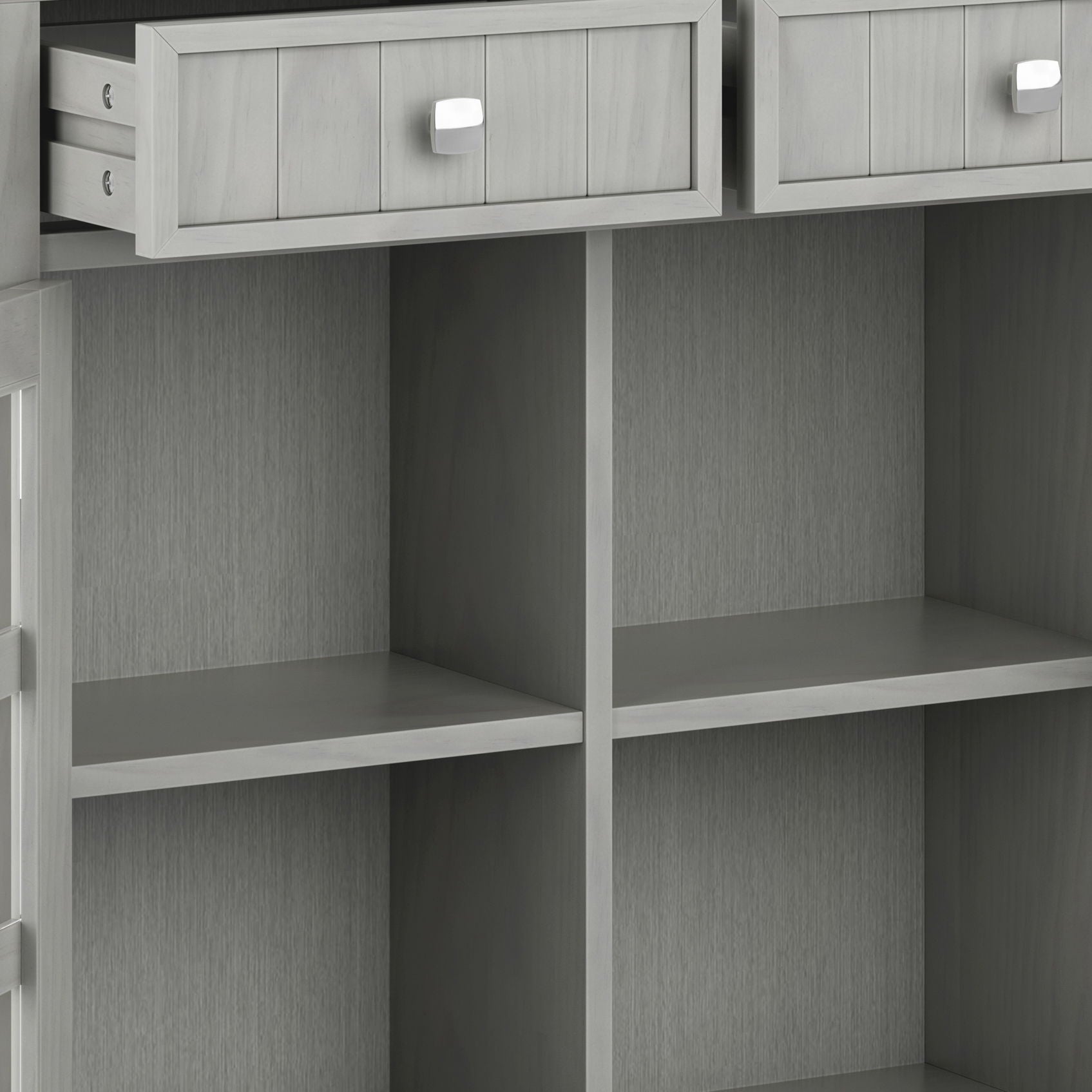 Acadian Entryway Storage Cabinet by HouseOfZazla; light gray cabinet with two drawers and knobs on Tampa Home & Garden Store