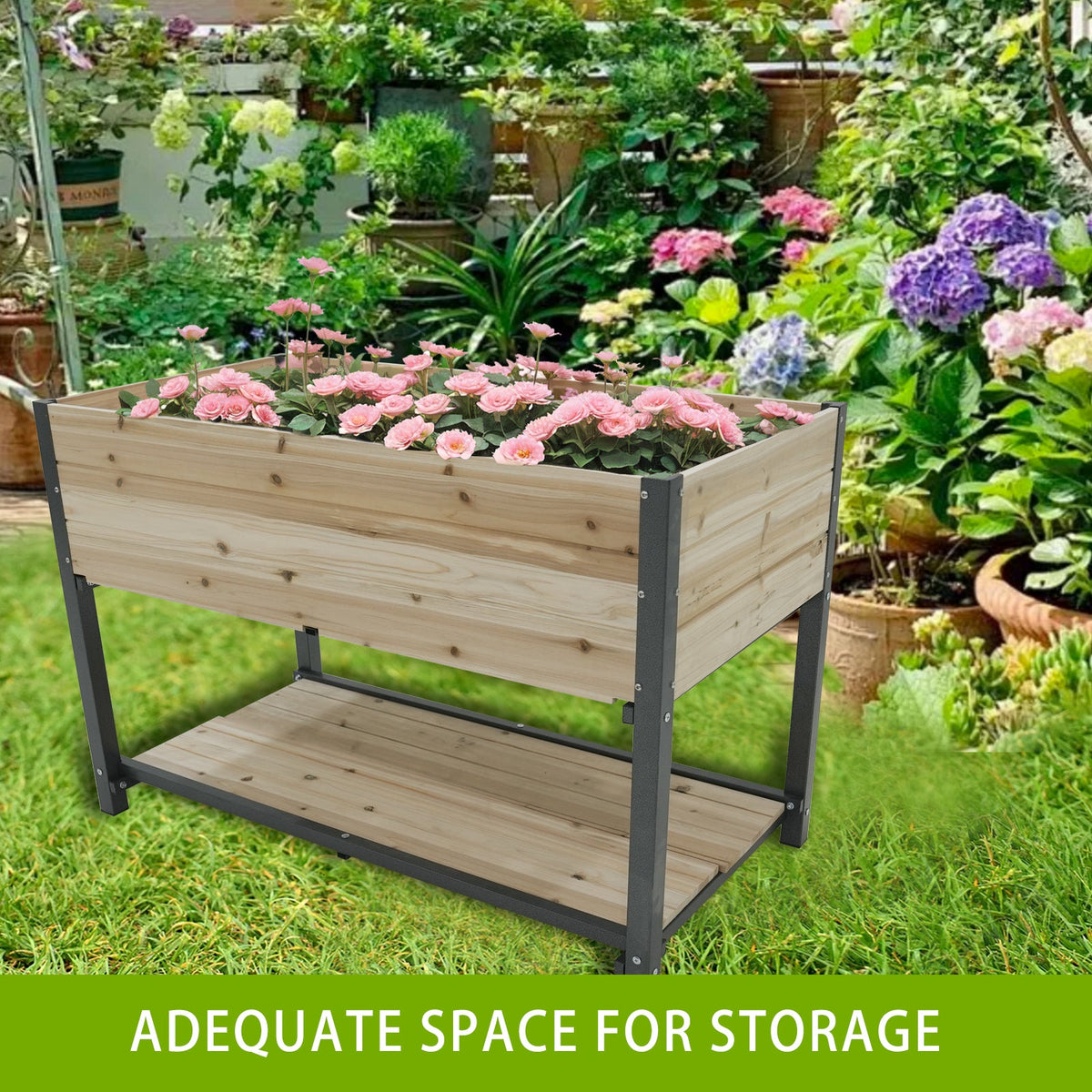 45-inch iron-wood garden bed with storage racks in wood finish by HouseOfZazla on Tampa Home & Garden Store