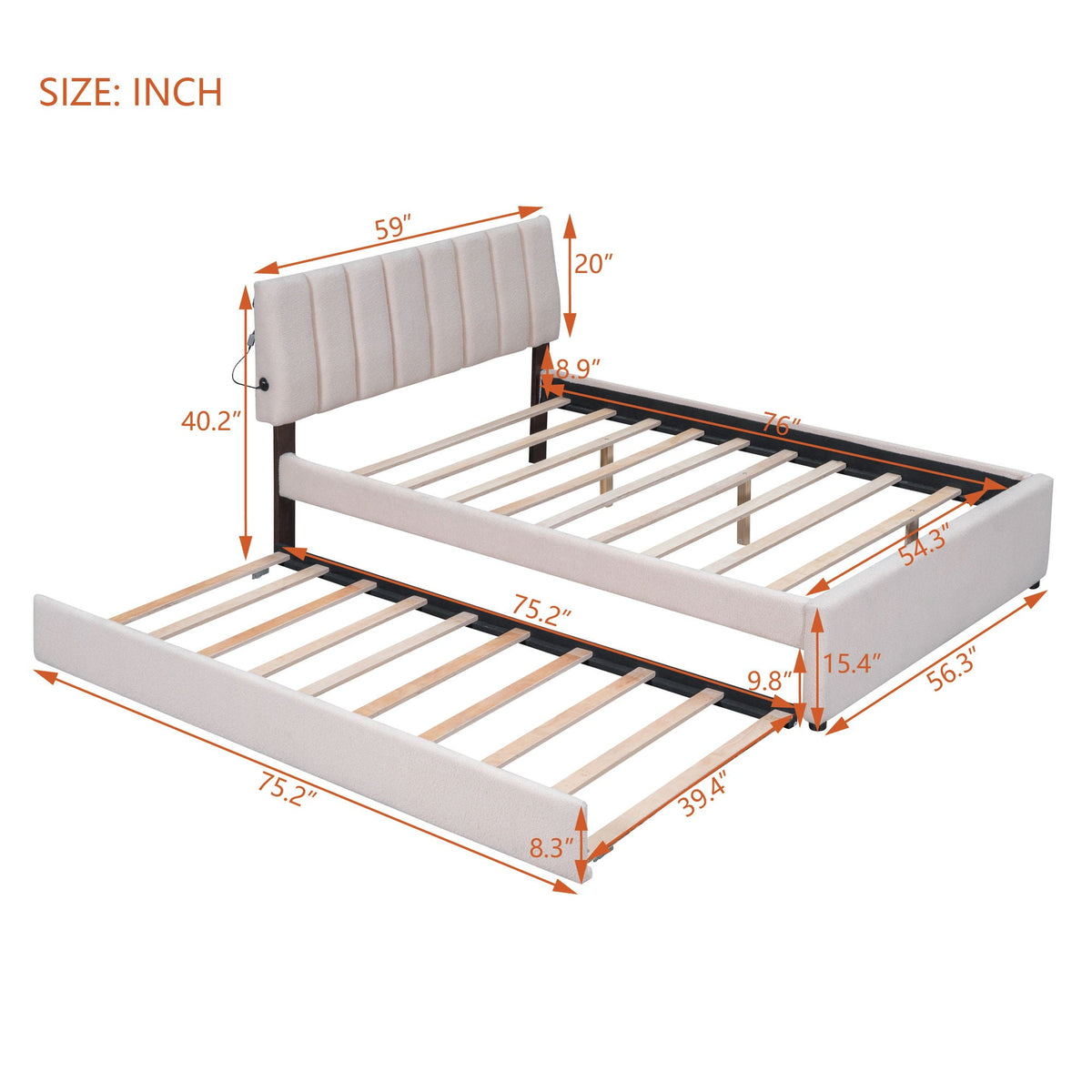 Upholstered Platform Bed With Trundle in light gray fabric by HouseOfZazla with slats on Tampa Home & Garden Store