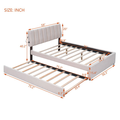 Upholstered Platform Bed With Trundle in light gray fabric by HouseOfZazla with slats on Tampa Home & Garden Store