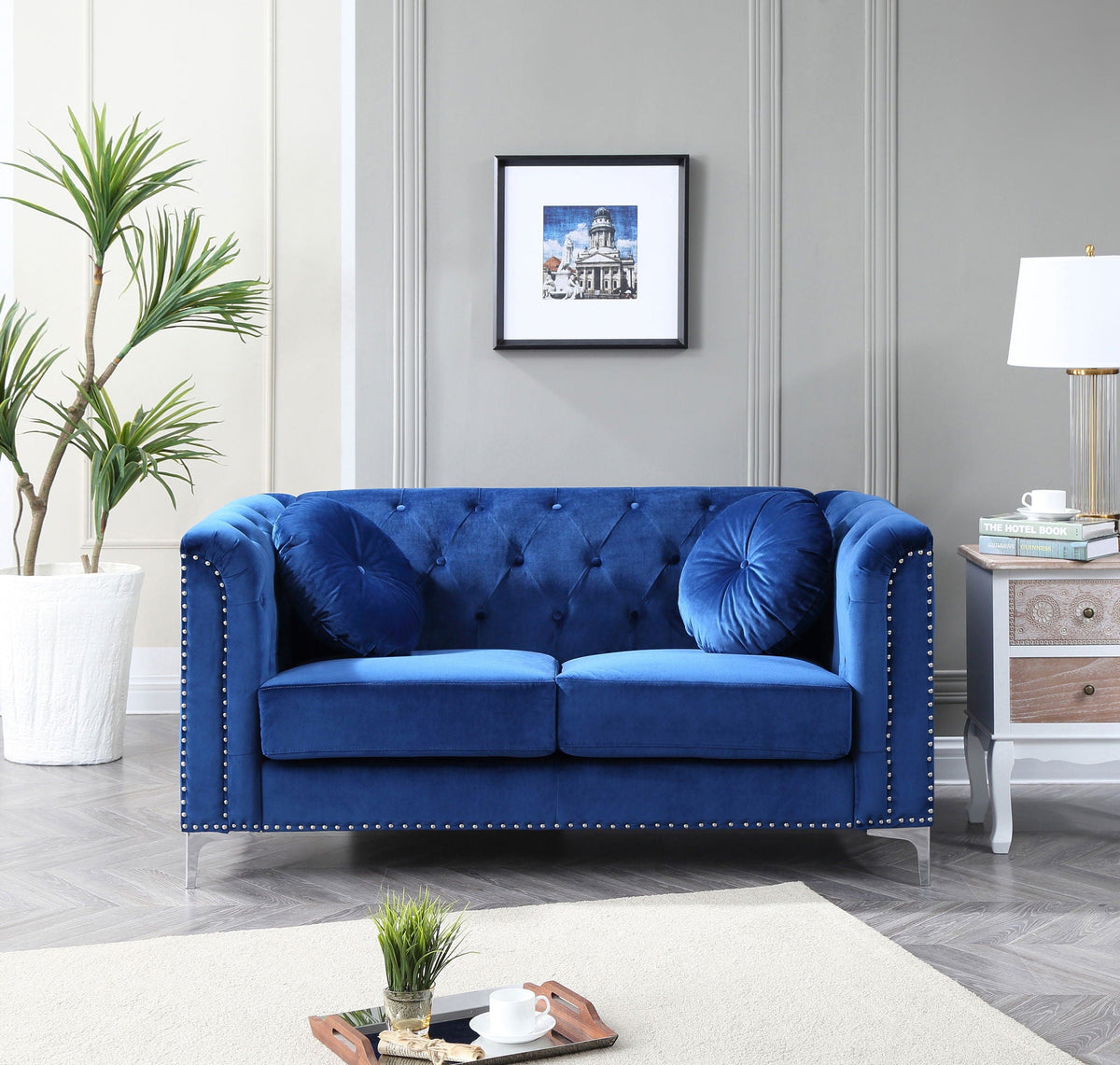 Stylish Sloped Arm Loveseat in Blue MicroSuede; tufted back, nailhead trim, stationary design on Tampa Home & Garden Store