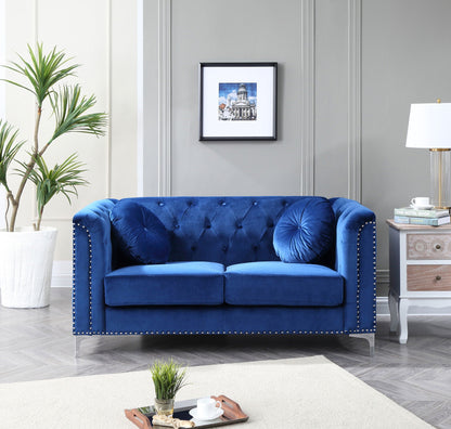 Stylish Sloped Arm Loveseat in Blue MicroSuede; tufted back, nailhead trim, stationary design on Tampa Home & Garden Store