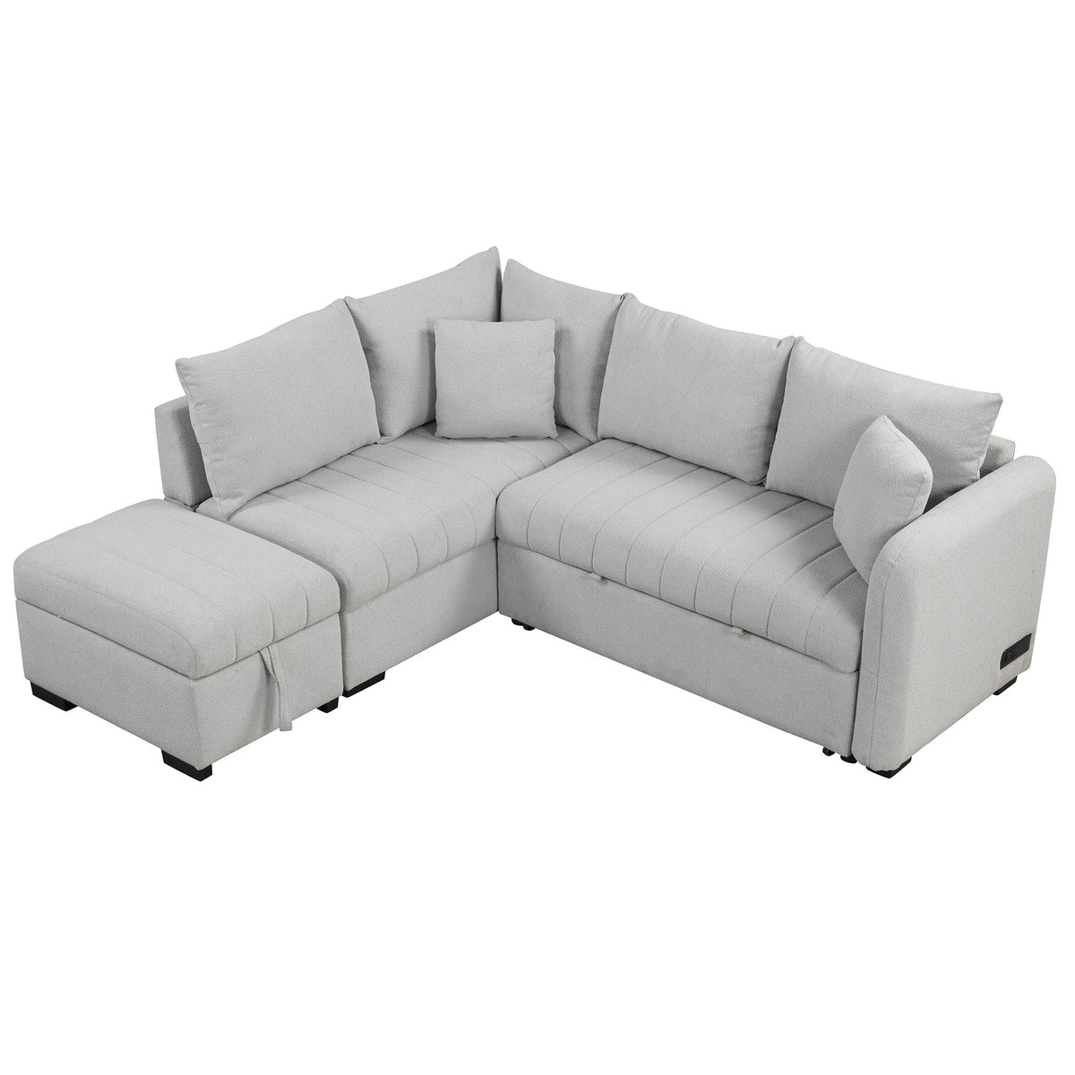 L-shaped sleeper sectional by HouseOfZazla with storage ottoman in light gray fabric, USB ports on Tampa Home & Garden Store
