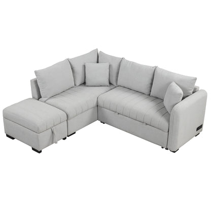 L-shaped sleeper sectional by HouseOfZazla with storage ottoman in light gray fabric, USB ports on Tampa Home & Garden Store