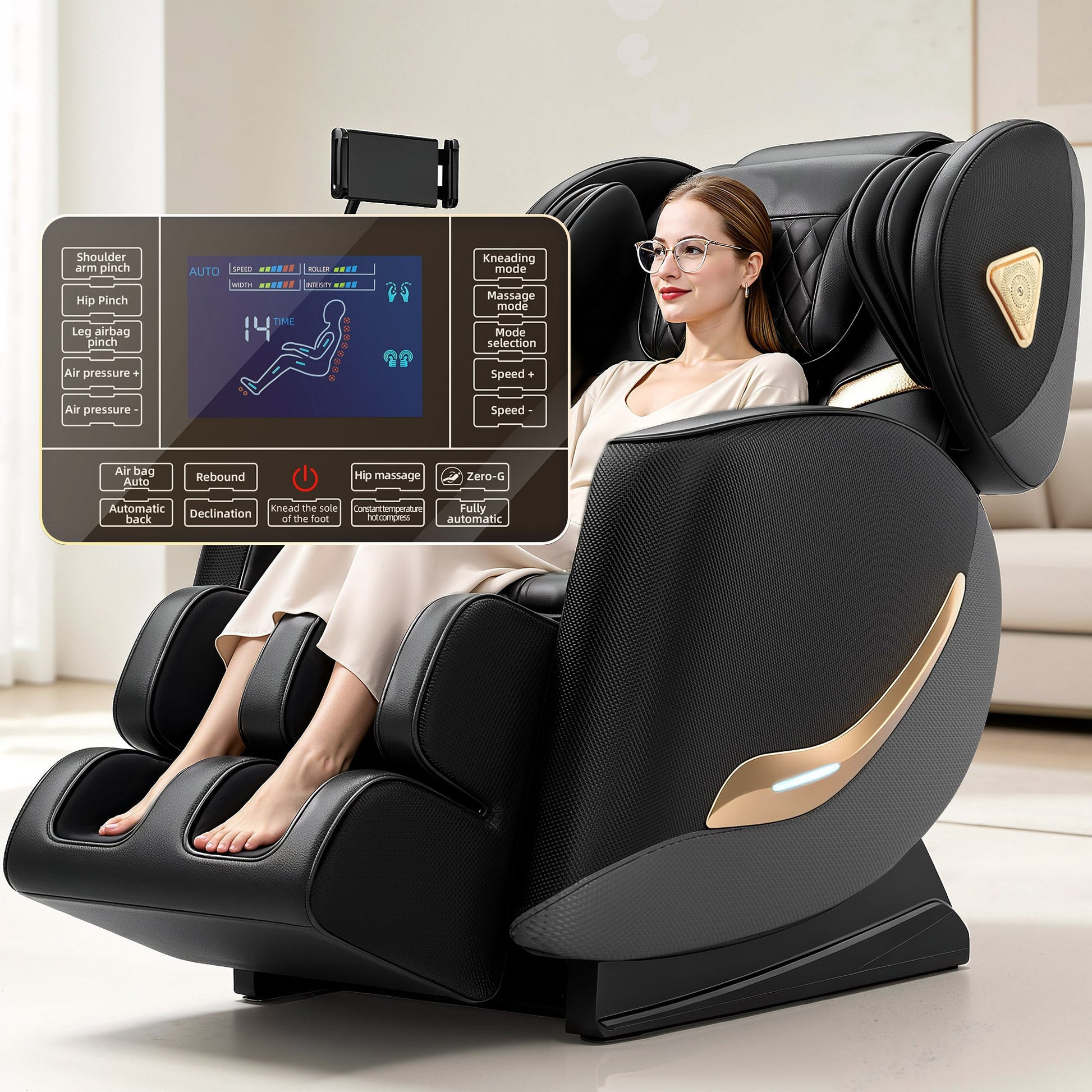 Massage Chair Full Body and Recliner by HouseOfZazla black leather with built-in control panel on Tampa Home & Garden Store