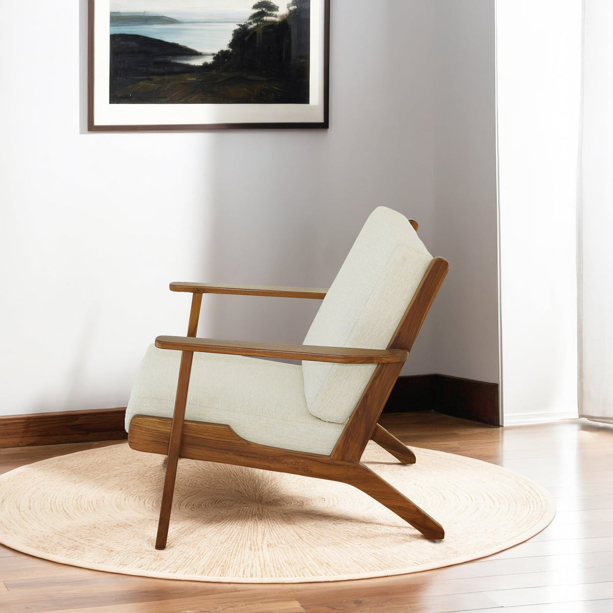 Beige upholstered lounge chair with solid wood frame and angled arms on Tampa Home & Garden Store