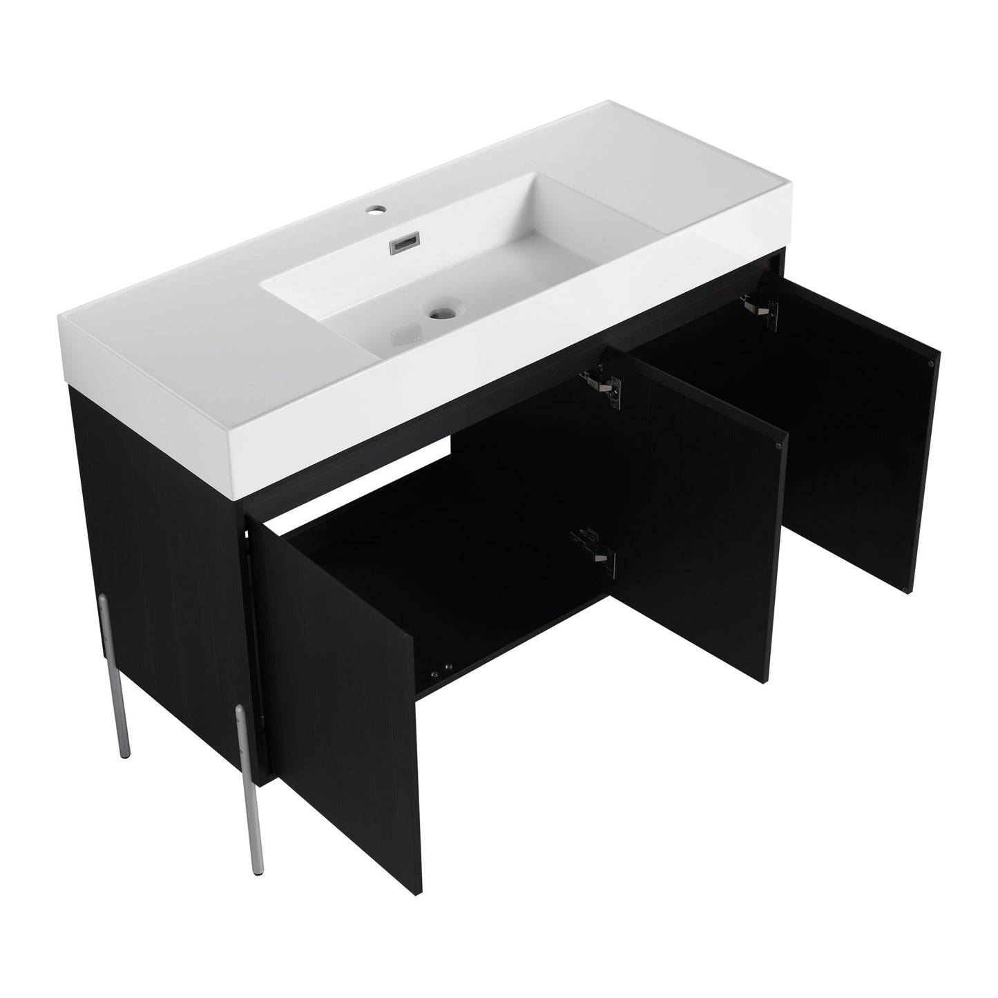Freestanding vanity with white resin sink on top and black storage cabinet on Tampa Home & Garden Store
