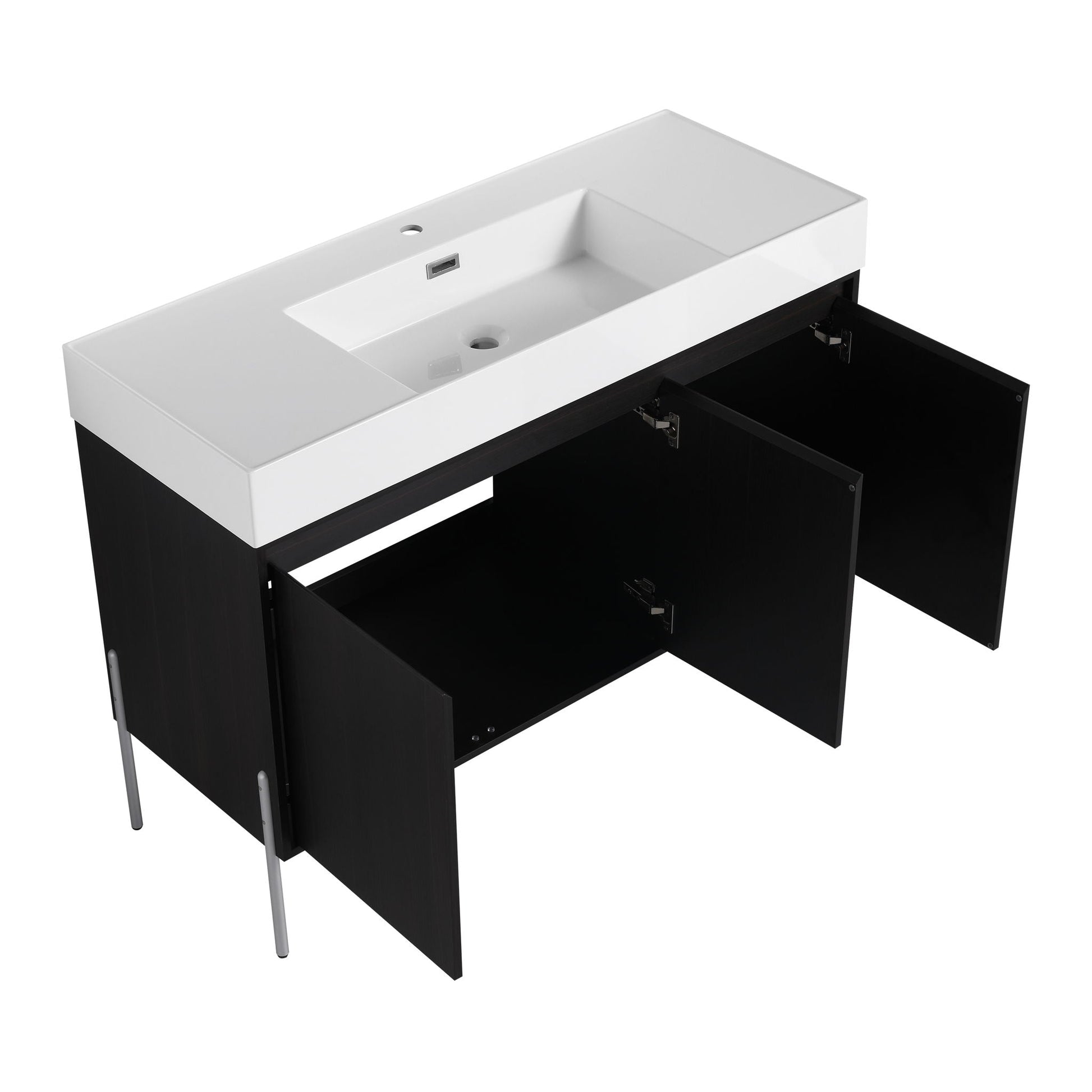 Freestanding vanity with white resin sink on top and black storage cabinet on Tampa Home & Garden Store