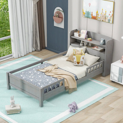 Wood Platform Bed With Led Light and Guardrail