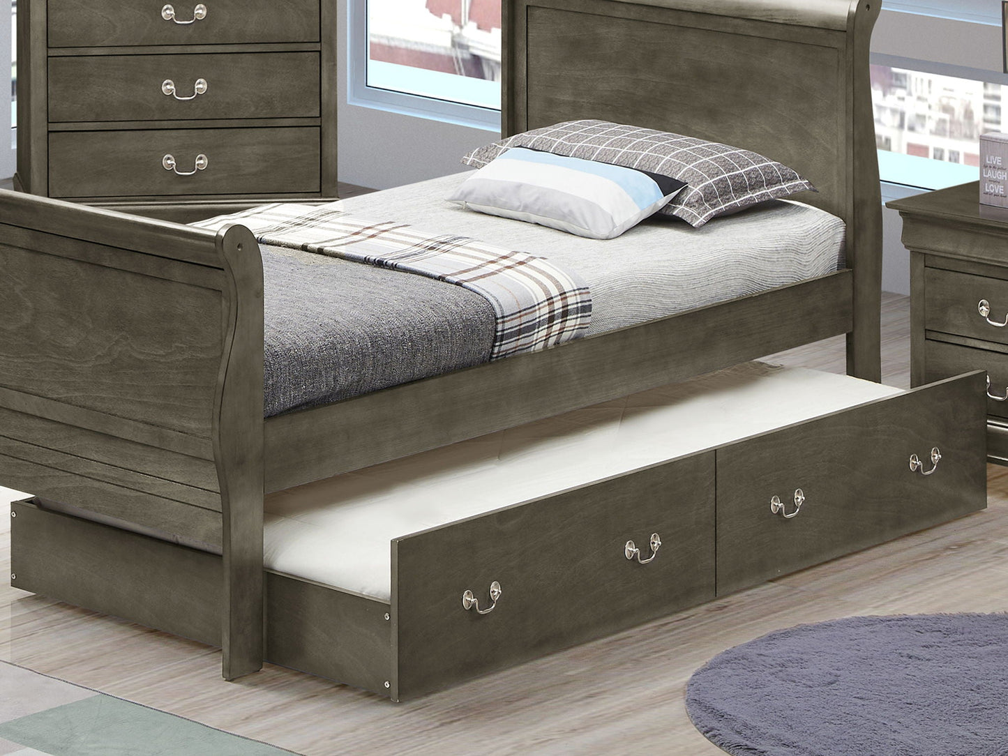 Elegant trundle bed in dark gray wood with built-in under-bed drawers by HouseOfZazla on Tampa Home & Garden Store