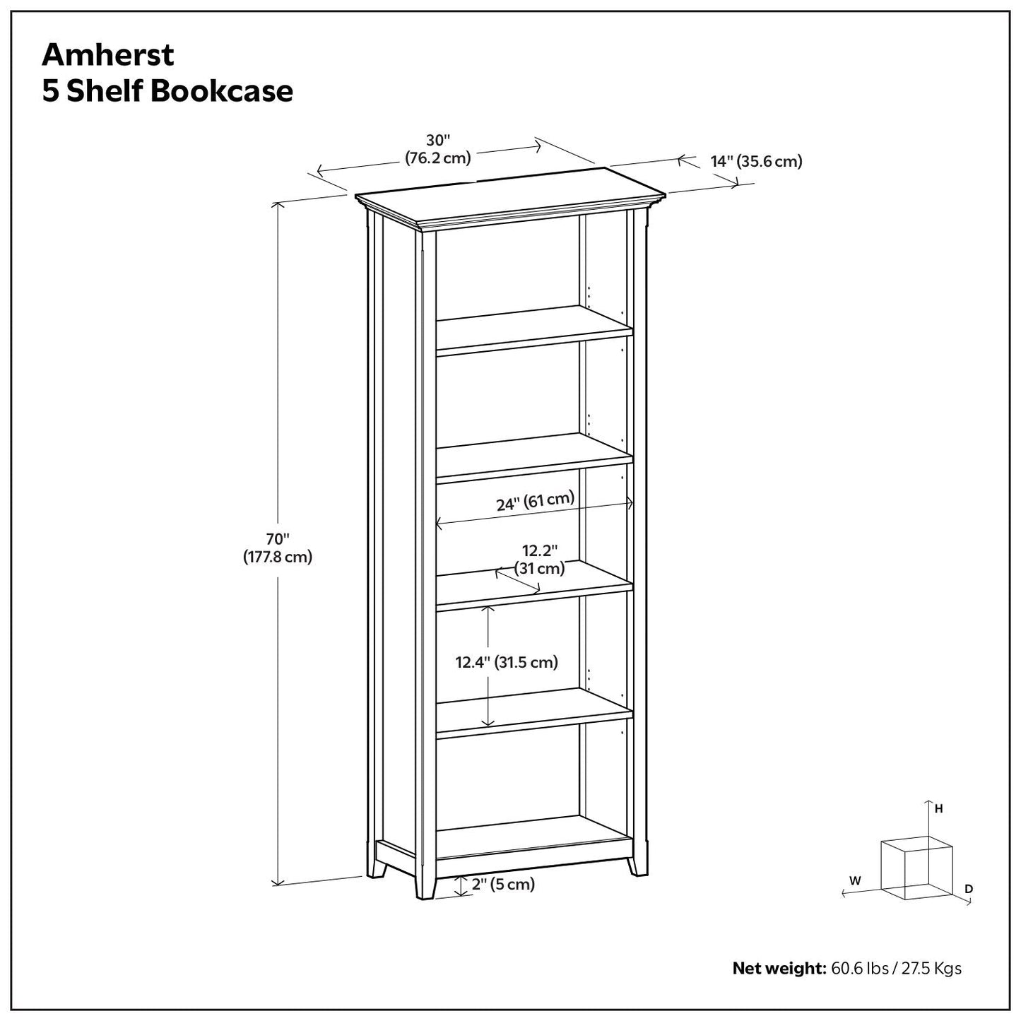 Amherst Five Shelf Bookcase Handcrafted Wood