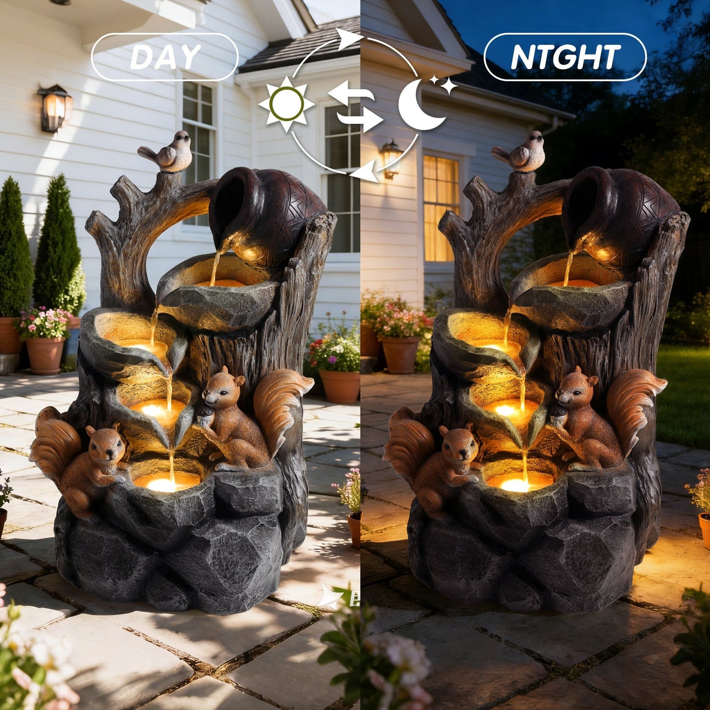 HouseOfZazla Squirrel Outdoor Water Fountain with Lights, three-tier stone garden sculpture on Tampa Home & Garden Store