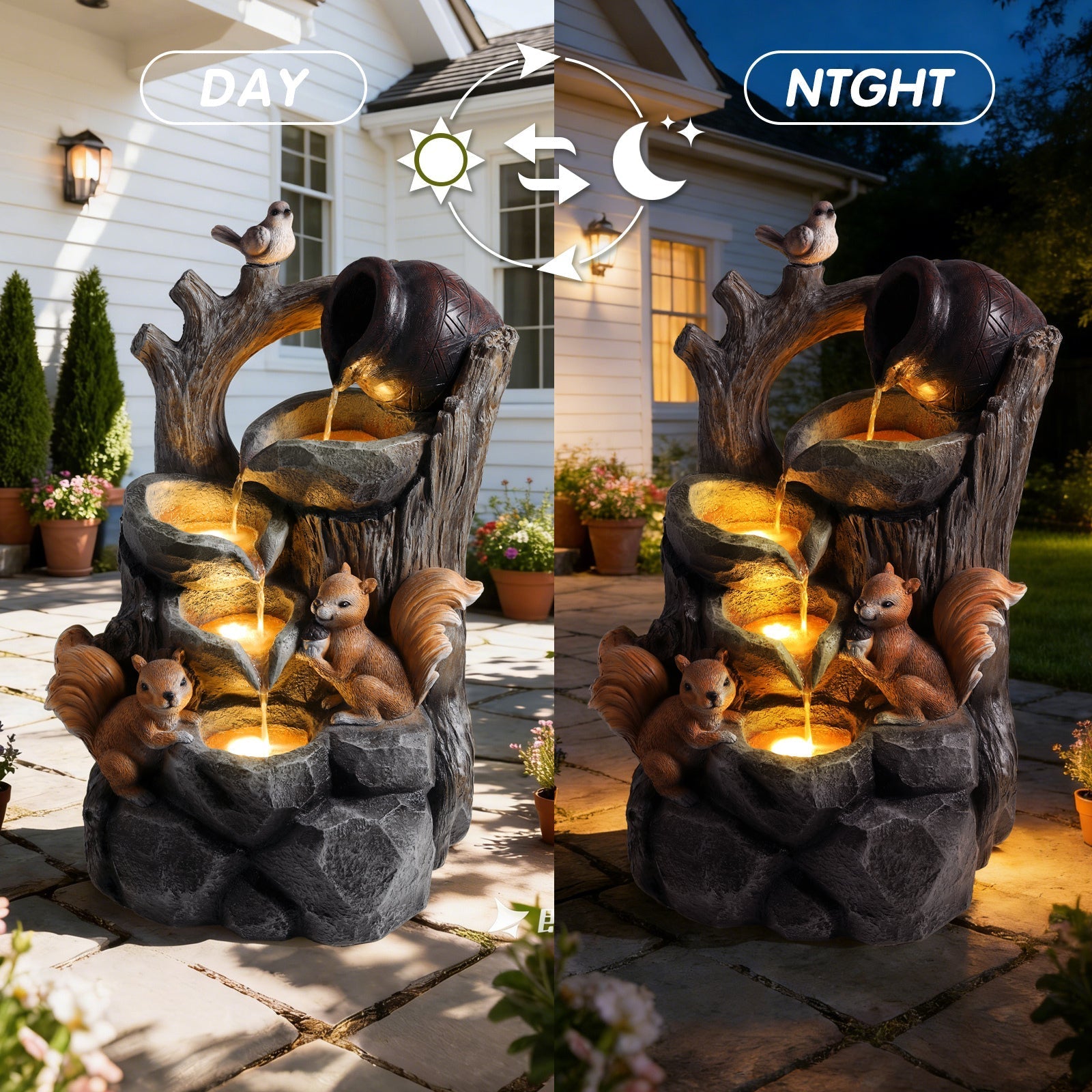 HouseOfZazla Squirrel Outdoor Water Fountain with Lights, three-tier stone garden sculpture on Tampa Home & Garden Store