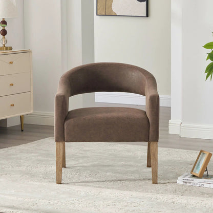 Upholstered open-back armchair with weathered rubberwood legs in brown leather-like fabric on Tampa Home & Garden Store