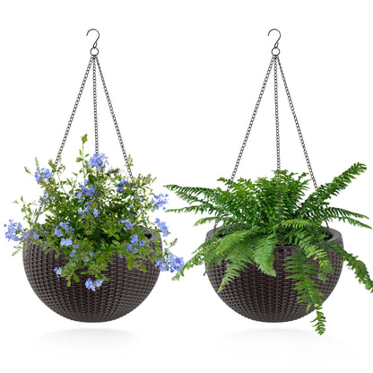 Self watering hanging planter, two brown woven baskets on chains with green foliage on Tampa Home & Garden Store