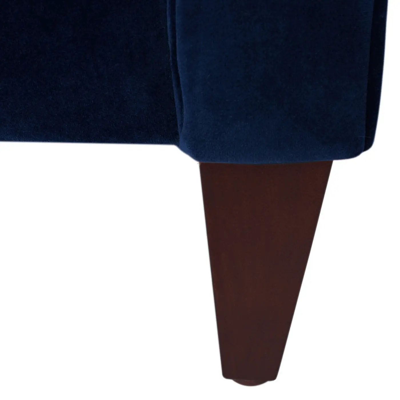 Jack modern tuxedo tufted sofa navy blue velvet upholstery with a dark wood tapered leg on Tampa Home & Garden Store