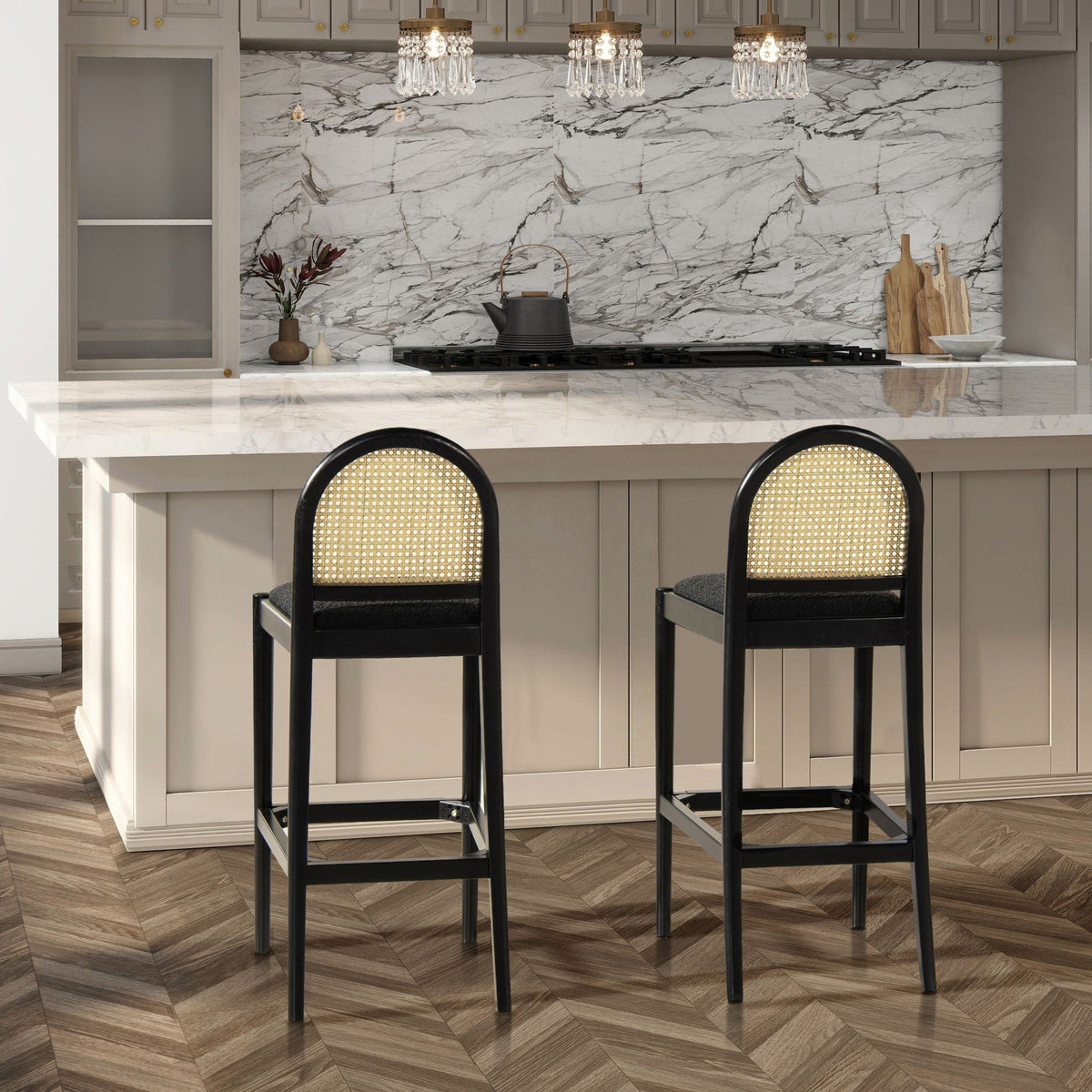 Curved Back Cane Bar Stools set of 3 with natural cane webbing and black frames on Tampa Home & Garden Store