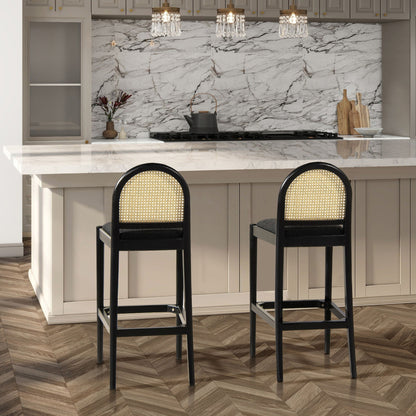 Curved Back Cane Bar Stools set of 3 with natural cane webbing and black frames on Tampa Home & Garden Store