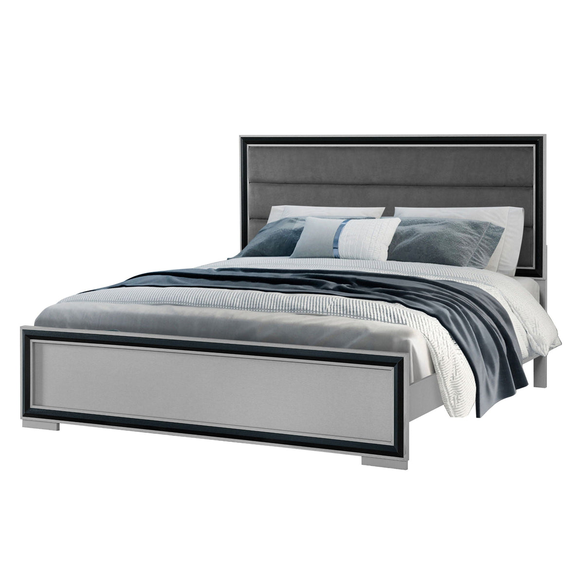 Adelaide LED platform bed with grey upholstered headboard and black frame by HouseOfZazla on Tampa Home & Garden Store
