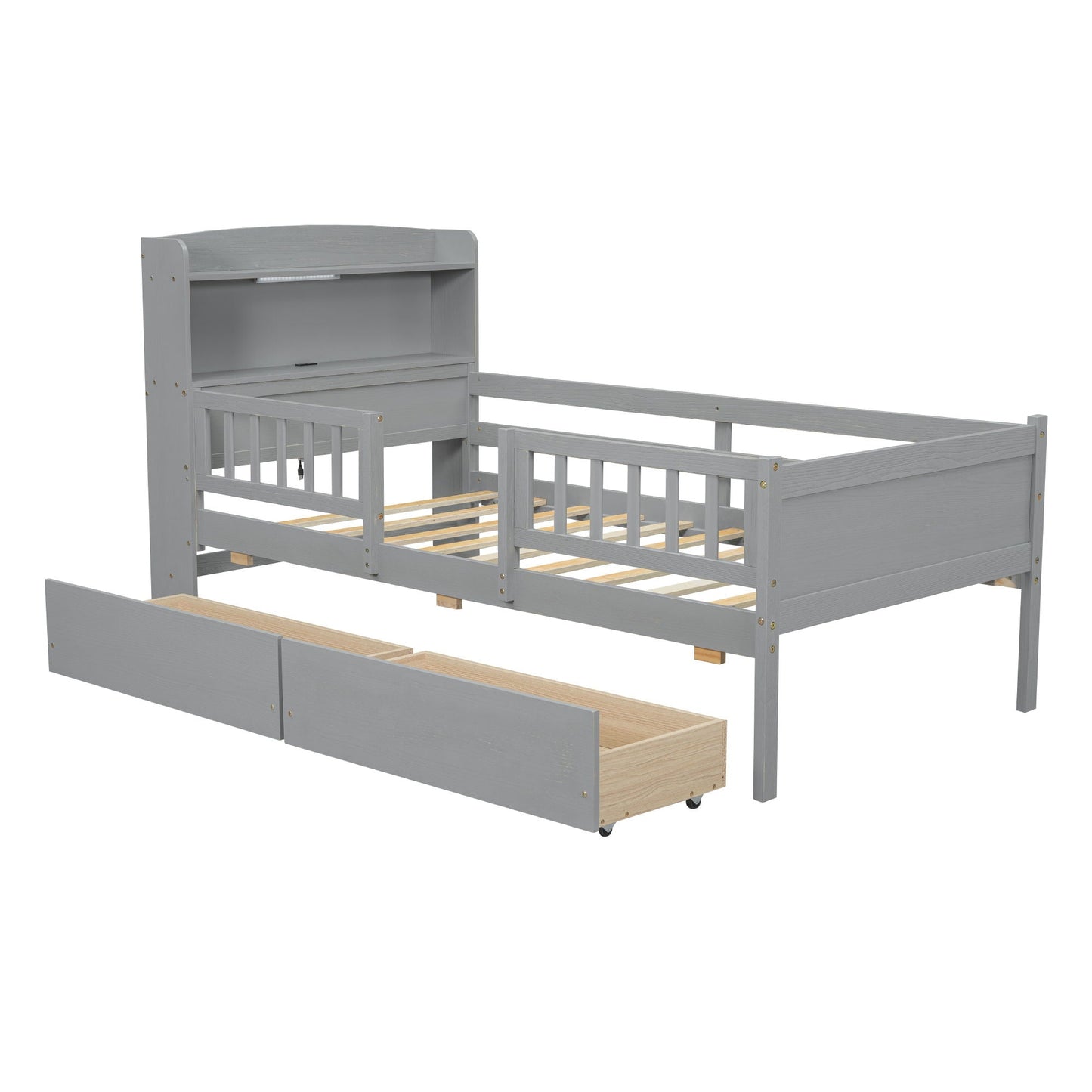 Gray platform bed with LED-lit headboard, guardrail, and a pull-out storage drawer on Tampa Home & Garden Store