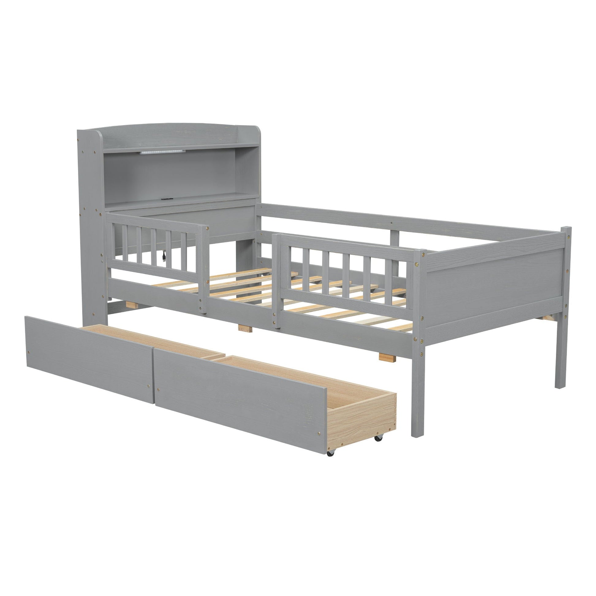 Gray platform bed with LED-lit headboard, guardrail, and a pull-out storage drawer on Tampa Home & Garden Store