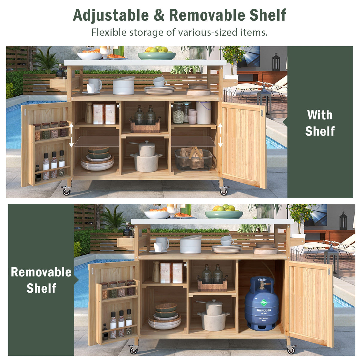 K&K Outdoor Kitchen Island rolling bar cart with storage cabinet in natural wood and white top on Tampa Home & Garden Store